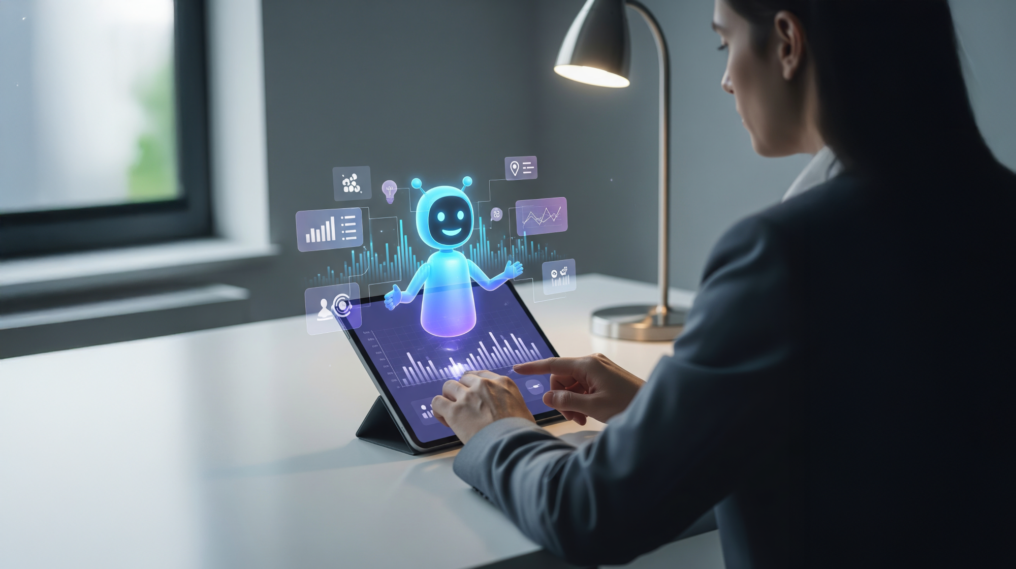 **Alt Text:** Business professional using an AI-powered CRM dashboard on a tablet with a virtual AI assistant, illustrating how artificial intelligence enhances customer relationship management, data insights, and business automation.
