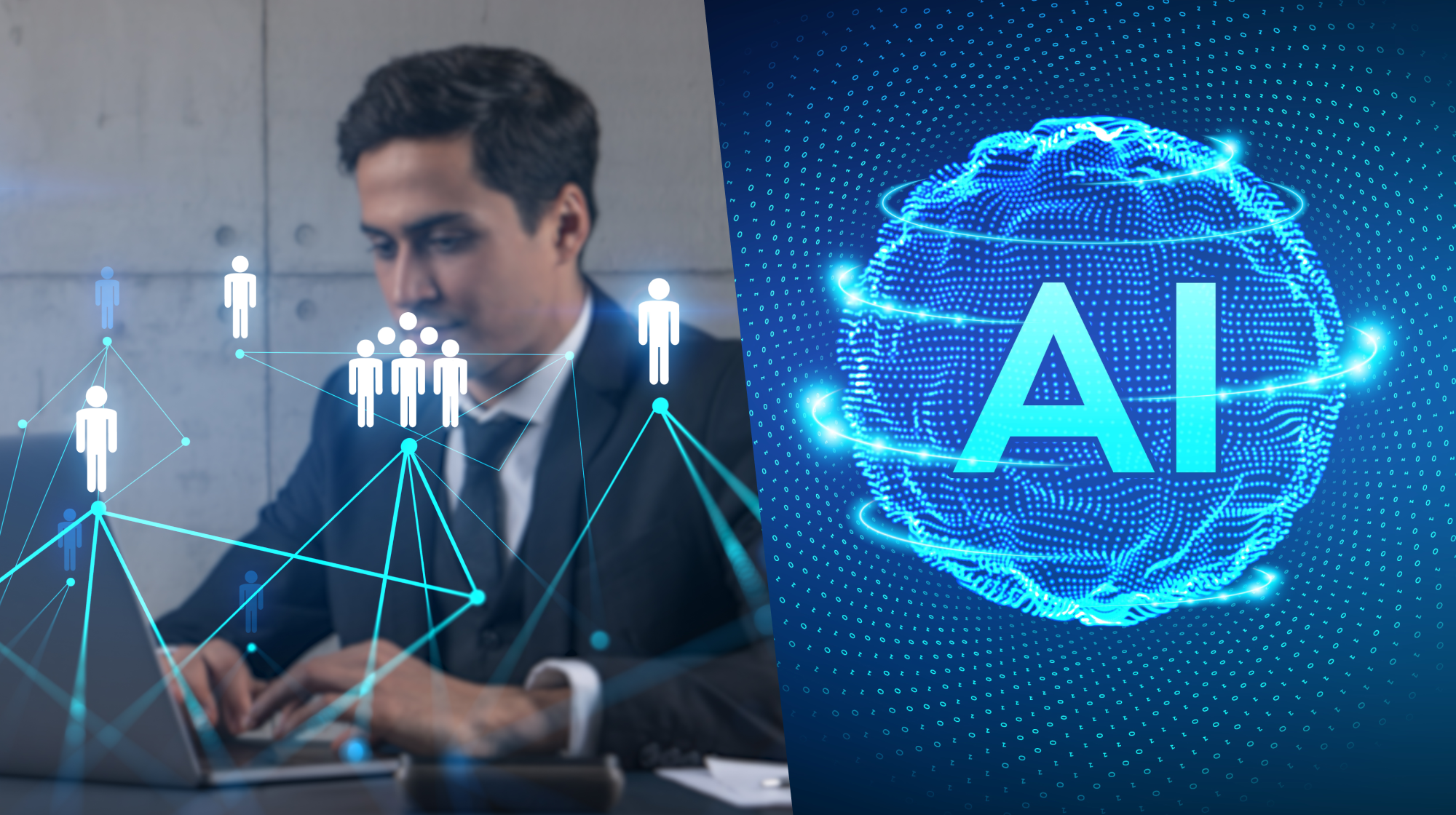 Split-screen illustration comparing traditional lead management with AI lead management, featuring a professional using a laptop alongside AI technology to represent intelligent lead automation and customer management.